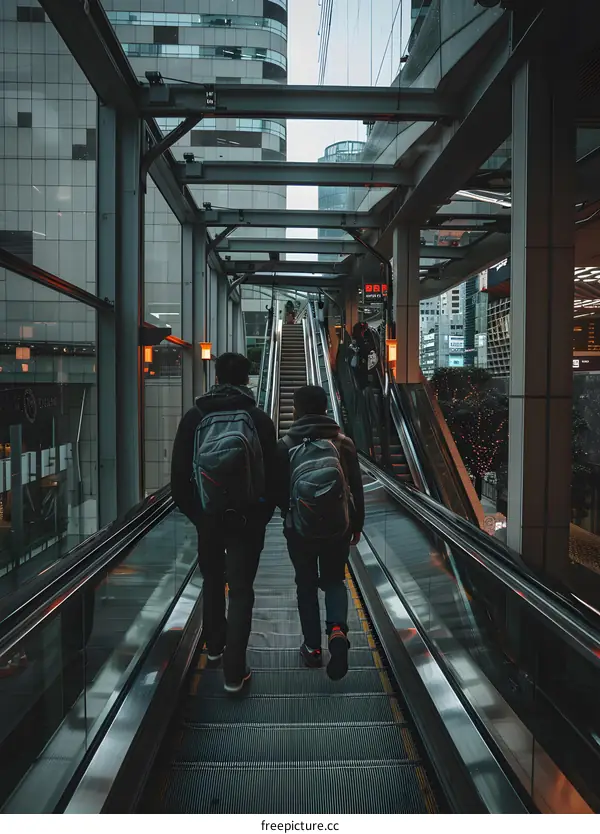 Two Men Walking Up an Escalator in a Modern City Building
