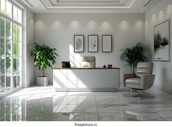 Modern office interior design with large windows and green plants
