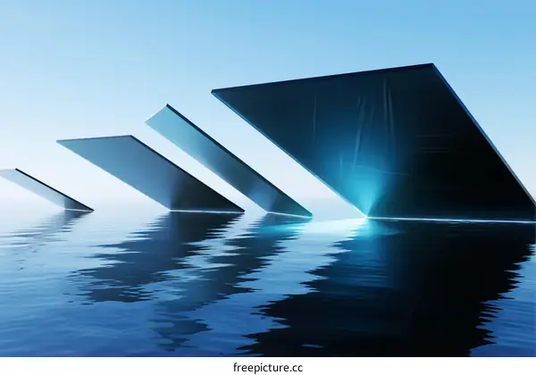 Futuristic geometric shapes reflecting on calm blue water surface
