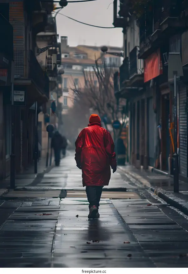 Person in Red Walking on a Rainy Street in the City