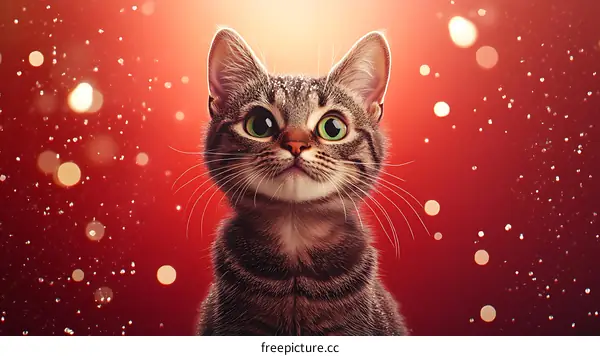 Cute Tabby Cat in Red Holiday Background