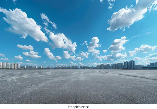 Asphalt Road and City Skyline under Blue Sky and White Clouds