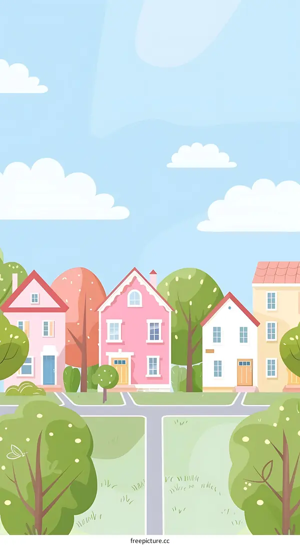 Cartoon Illustration of a Small Town with Houses and Trees