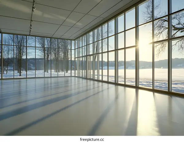 Modern Architecture with Large Windows Overlooking Snowy Landscape