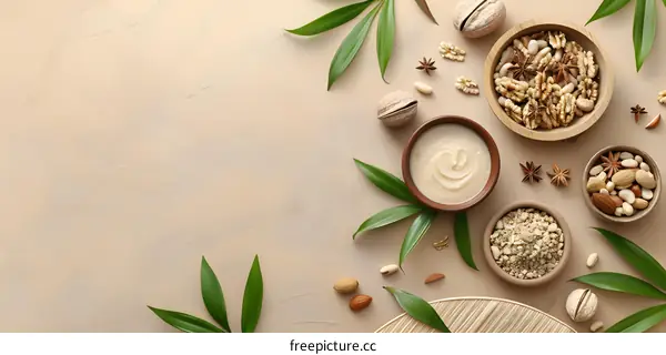 Flat Lay of Nuts, Seeds and Green Leaves on Beige Background