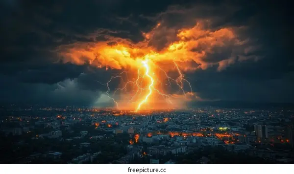 City Under Nighttime Lightning Storm