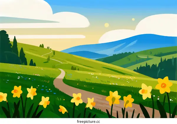 A Scenic Green Hillside Path with Daffodils Under Clear Sky