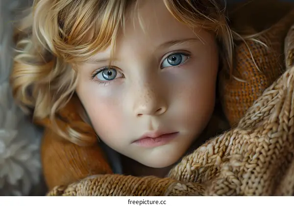 Portrait of a young girl with freckles and blue eyes
