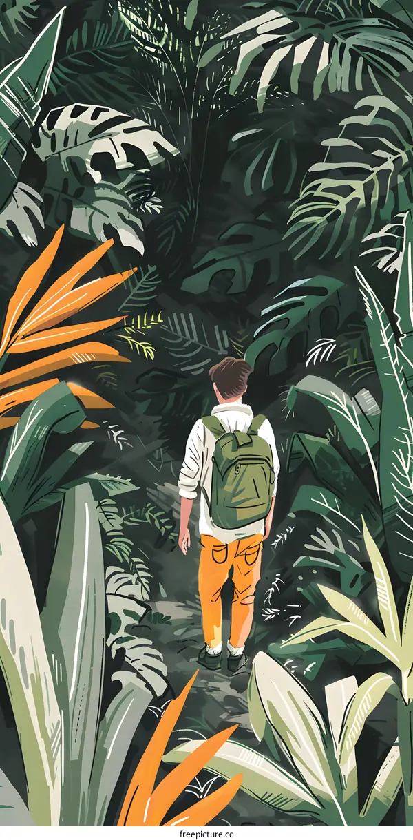 Man Walking Through Lush Green Tropical Jungle