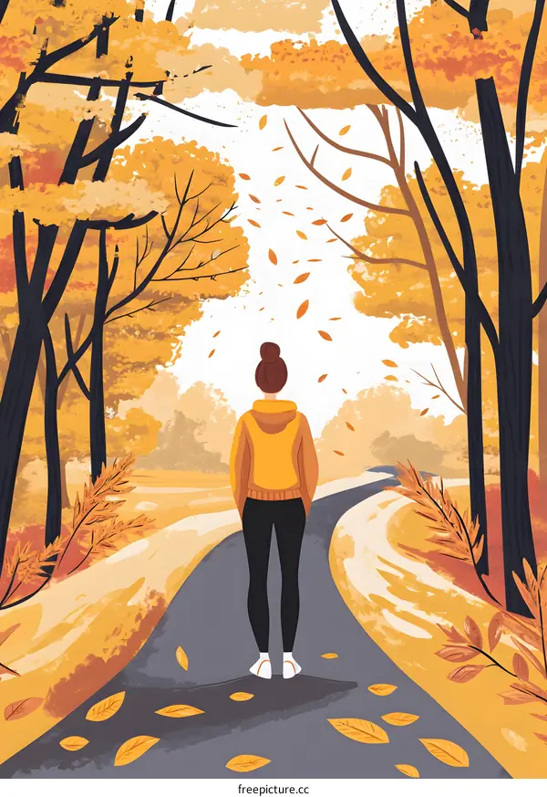 Woman Walking on Path in Autumn Forest