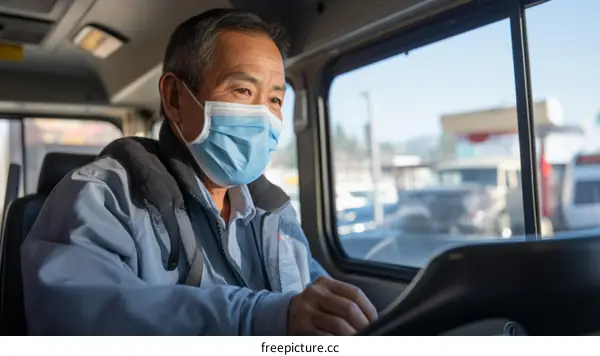 Asian man wearing a mask drives a bus