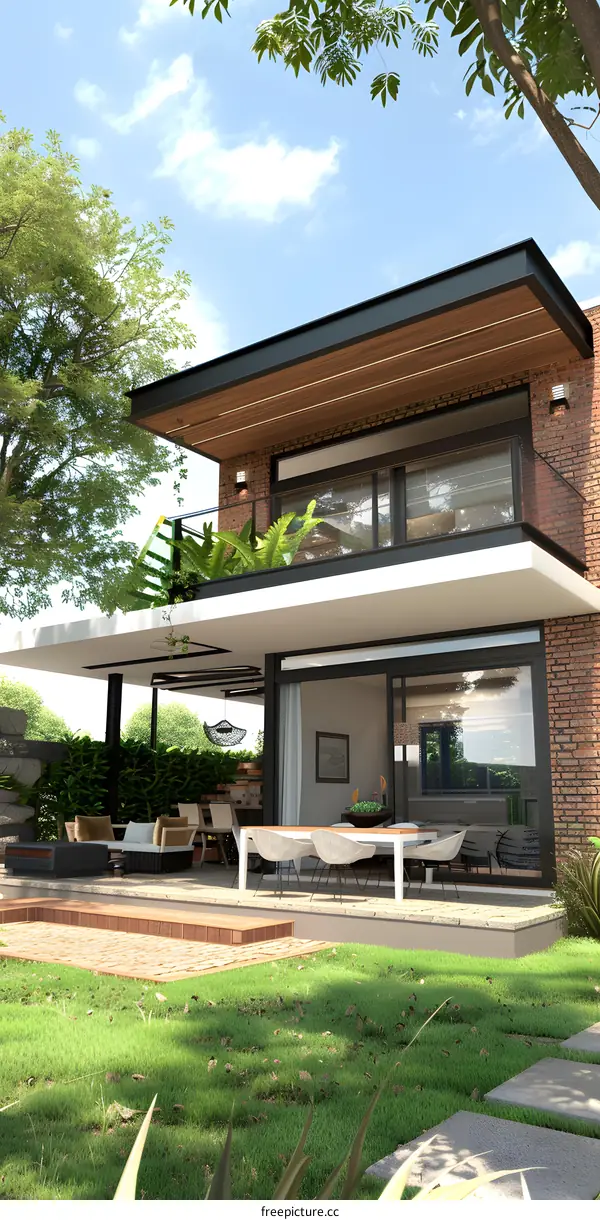 Modern Brick House with Patio and Green Lawn