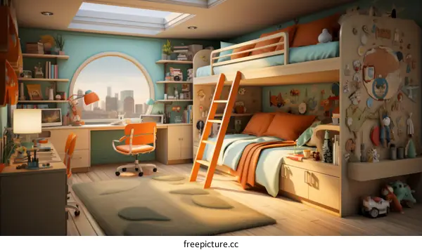 A bedroom with a large window and a bunk bed