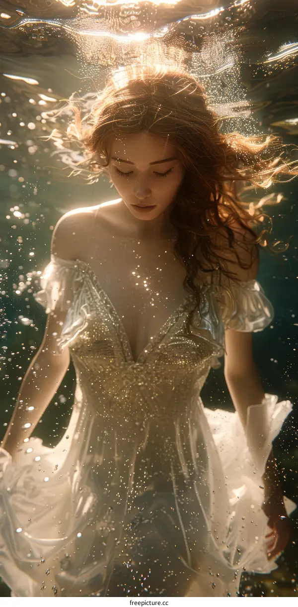 An ethereal portrait of a woman in a white dress, captured gracefully underwater with her eyes closed