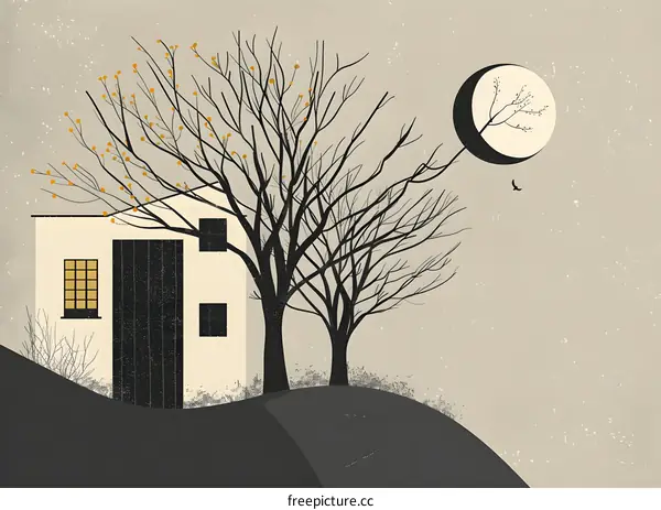 Minimalist Illustration of a House with a Tree and a Crescent Moon
