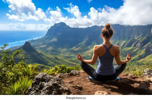 Woman Practicing Yoga on Mountain Top with Ocean View