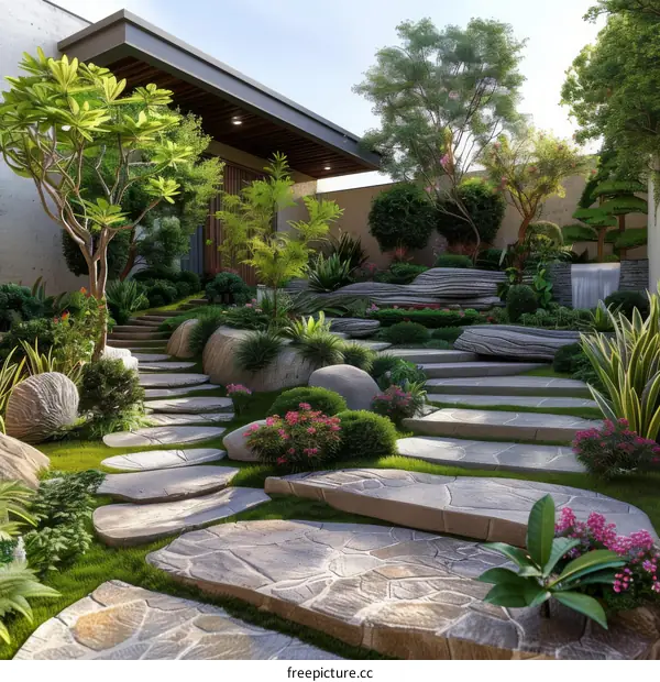 Modern Style Villa Courtyard Landscape Design with Stacked Stones and Water Features