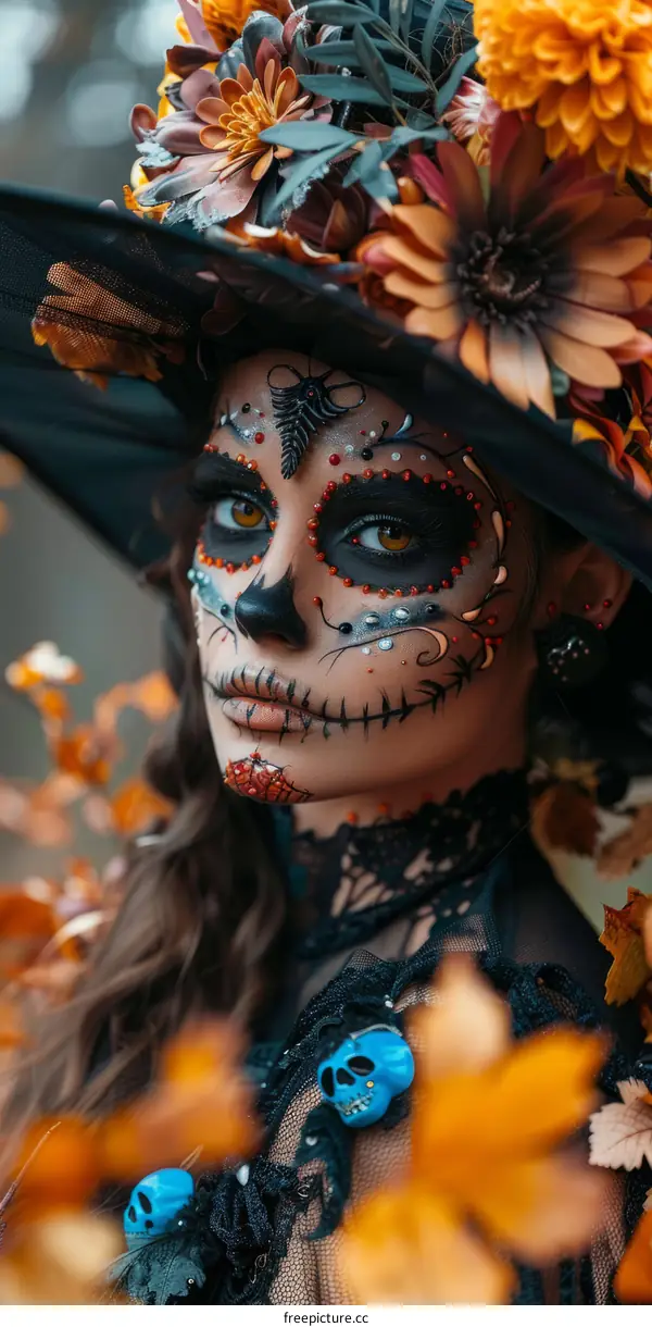 Close-up of a young woman with Calavera Catrina makeup