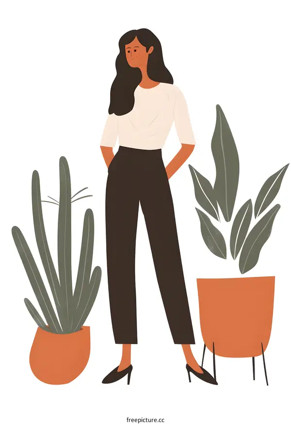 Woman standing next to plants in pots illustration