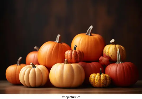 A beautiful still life of pumpkins on a wooden table