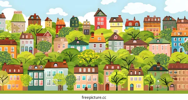 Colorful Houses Illustration with Green Trees