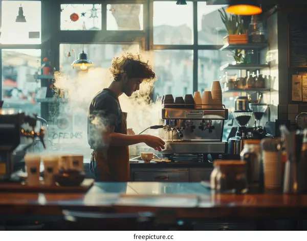 Barista making coffee with a professional coffee machine in a coffee shop