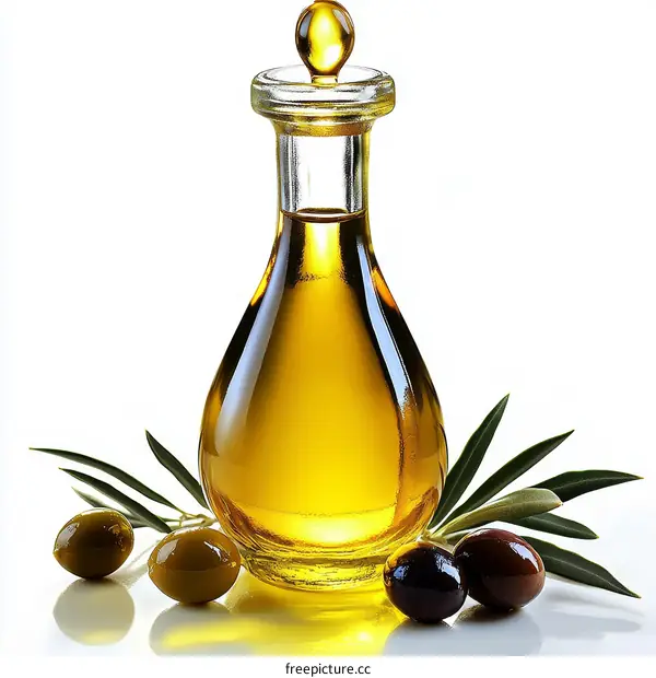 Olive Oil Bottle with Olives and Leaves