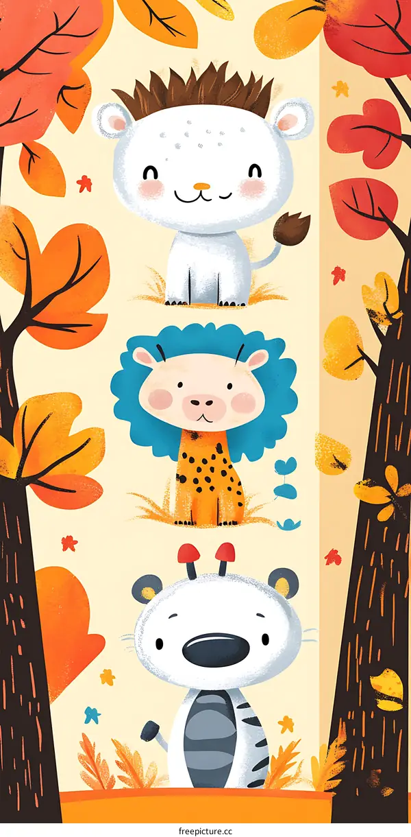 Cute Cartoon Animals in Autumn Forest Illustration