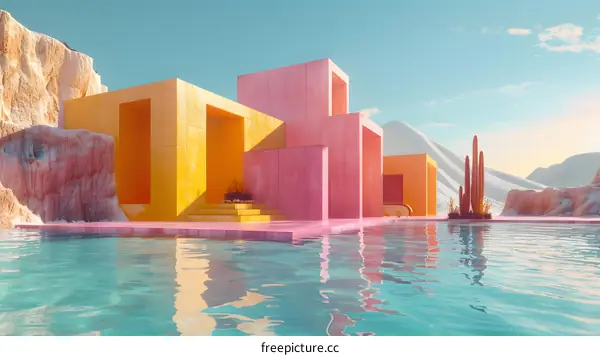 Surreal Desert Oasis With Geometric Structures And Pool