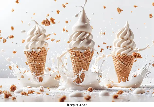 Three ice cream cones with milk splash and cookie crumbles