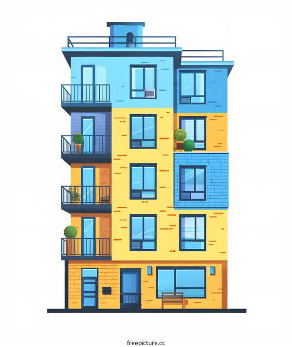 Colorful Apartment Building with Balconies and Windows Illustration