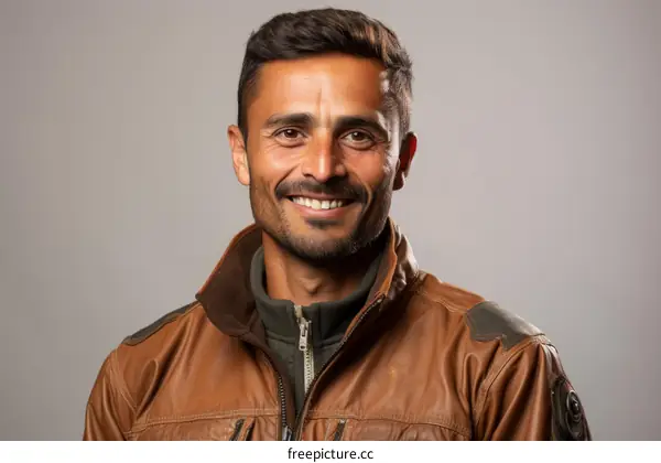 Portrait of a smiling man with a beard wearing a brown leather jacket