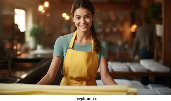 Portrait of a smiling young woman wearing apron