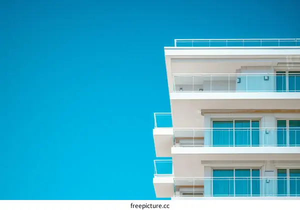 glass facade of modern apartment building with blue sky background
