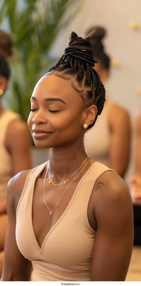 Close Up Of A Black Woman With Braids Meditating In A Yoga Class