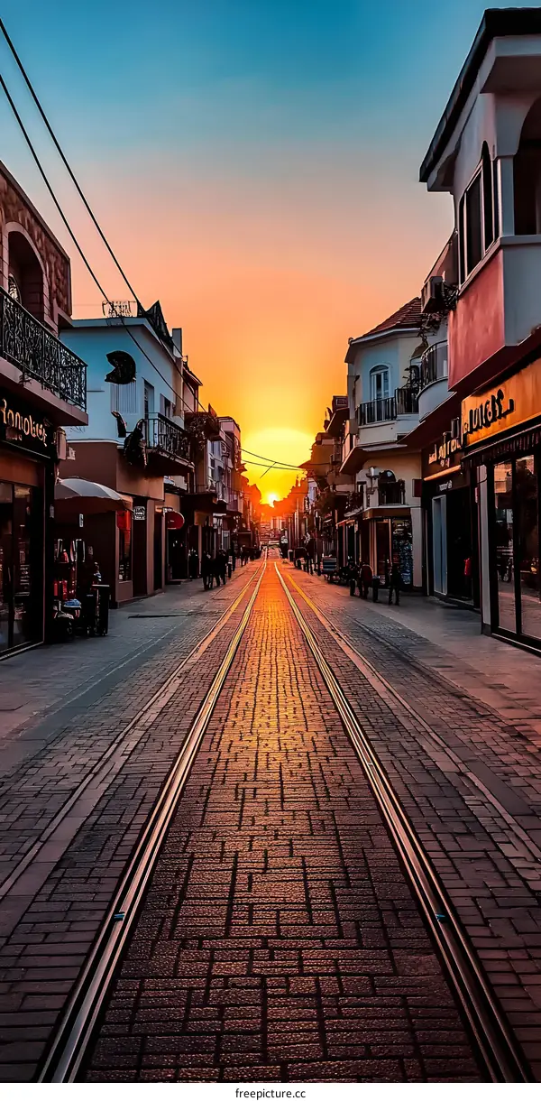 Sunset View of an Empty Street with Tram Tracks