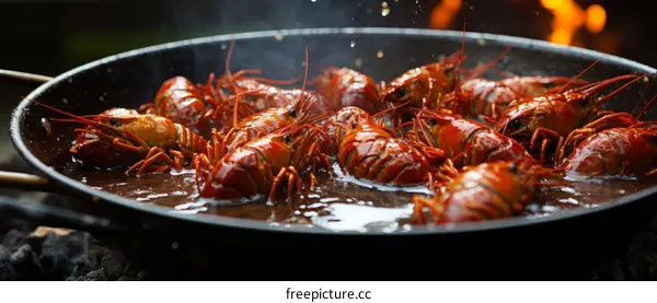 Crawfish boil in a large black skillet over an open fire