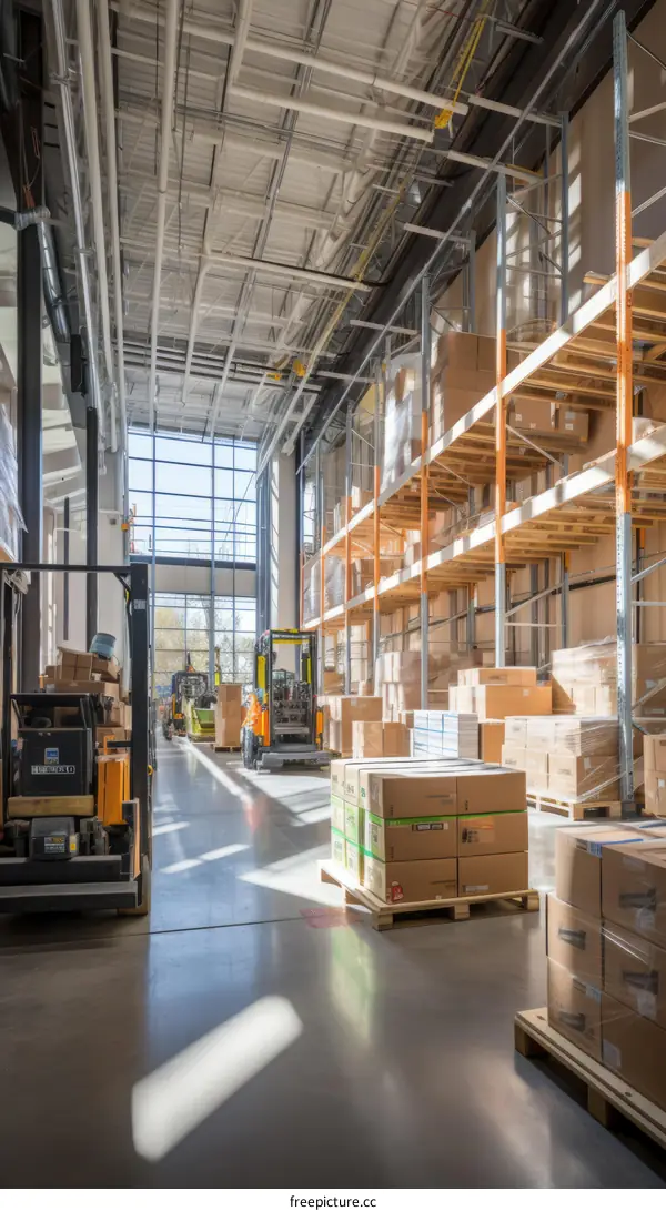 Warehouse with forklifts and shelves full of boxes