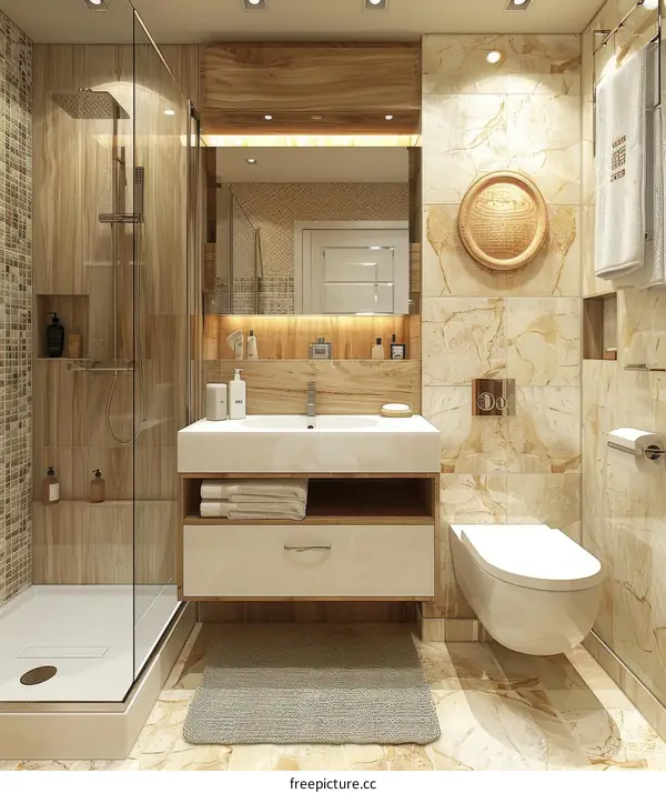 Modern Bathroom Design with Wood and Marble Accents