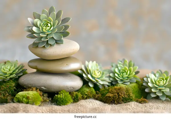 Zen Garden Stones and Succulents on Burlap Background