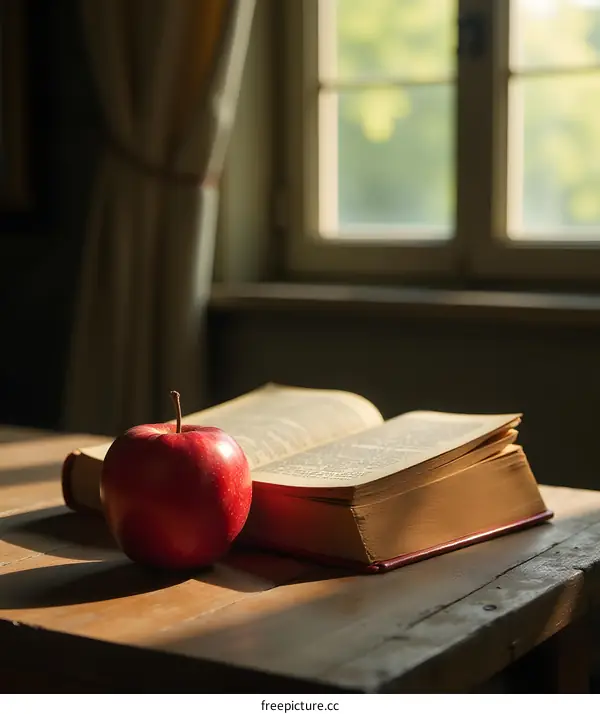 Red Apple and Open Book on Wooden Table with Window in Background