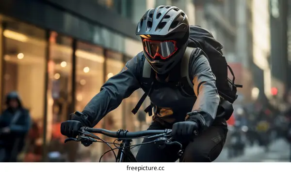 Cyclist in protective gear rides through city