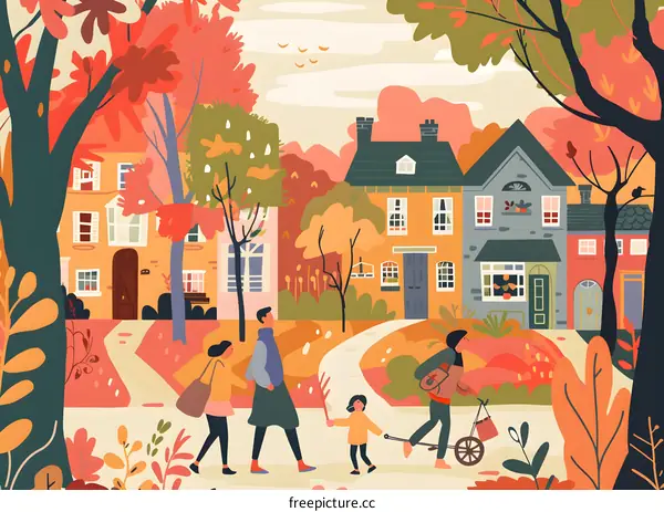 Family Walking on a Path Through Autumnal Town