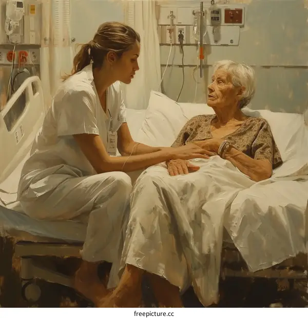 An Elderly Woman In A Hospital Bed With A Nurse