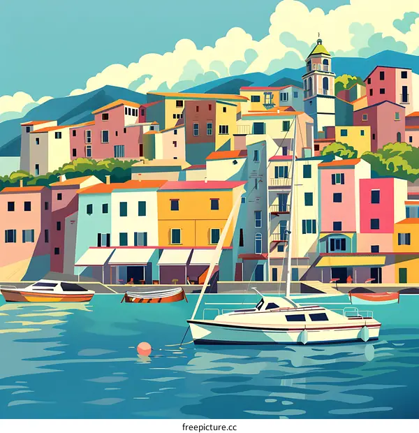 Colorful Illustration of Coastal Town with Boats