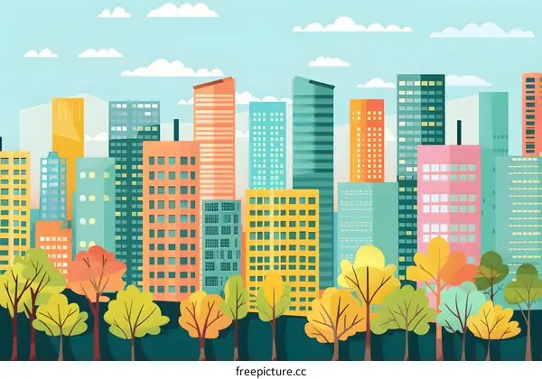 Colorful City Skyline with Trees Illustration