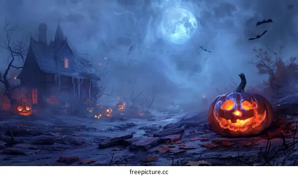 Spooky Halloween with Pumpkins and Haunted House