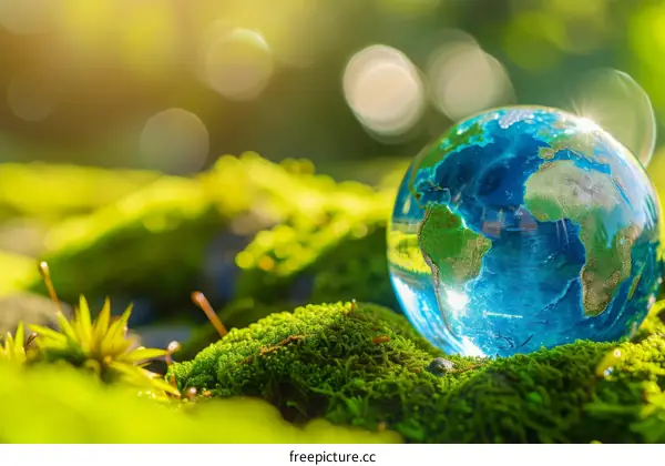A small glass globe sits on a bed of bright green moss.