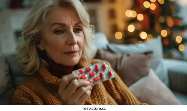 Worried senior woman holding pills at home