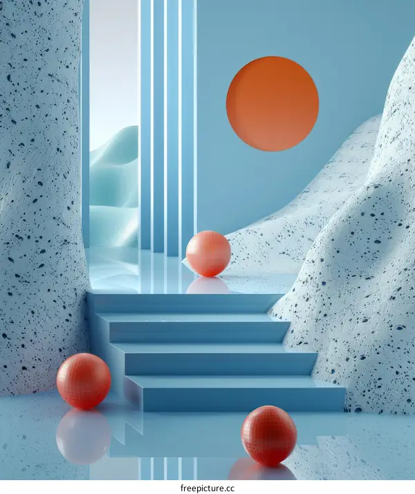 Blue and orange abstract background with stepped platform and surreal landscape